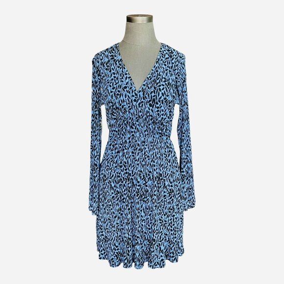 MANGO Textured Floral Pattern Sheer Mini Dress Blue Black V-Neck Dress Size M - Picture 4 of 10